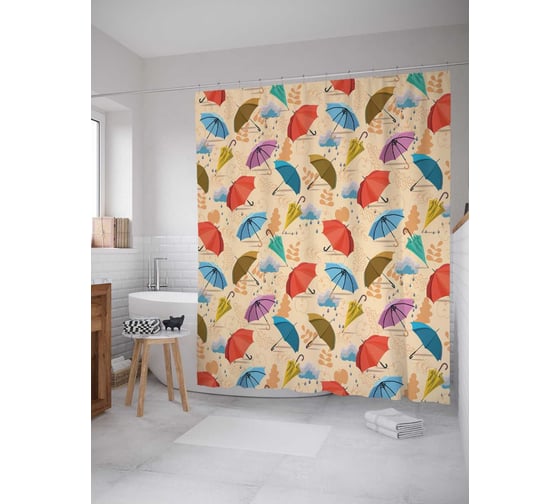 Штора (занавеска) для ванной JoyArty "Летящие зонты" из сатена, 180х200 см с крючками, sc_19887 1