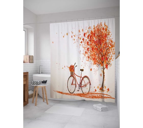 Штора (занавеска) для ванной JoyArty "На велосипеде за листьями" из сатена, 180х200 см с крючками, sc_17799 1
