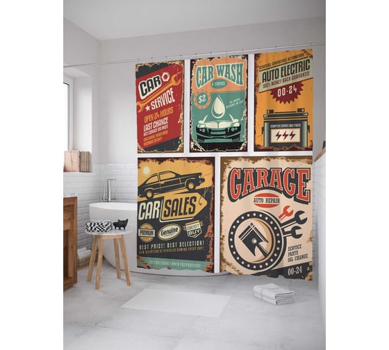 Штора (занавеска) для ванной JoyArty "Автомобильные сервисы" из сатена, 180х200 см с крючками, sc_20829 1