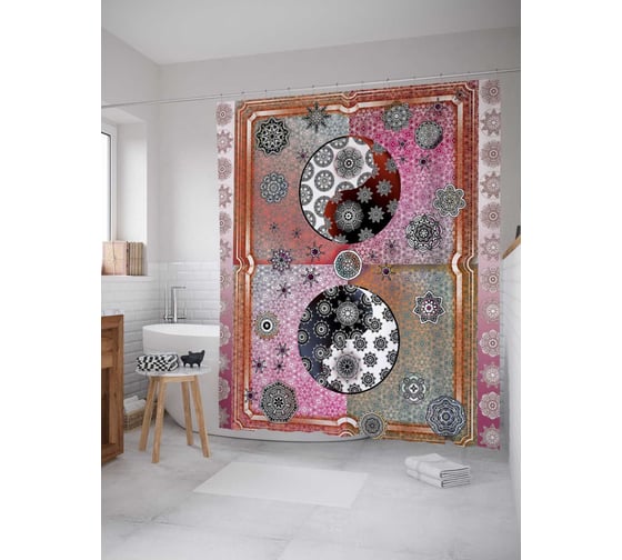 Штора (занавеска) для ванной JoyArty "Цветочный инь янь в рамке" из сатена, 180х200 см с крючками, sc_13501 1