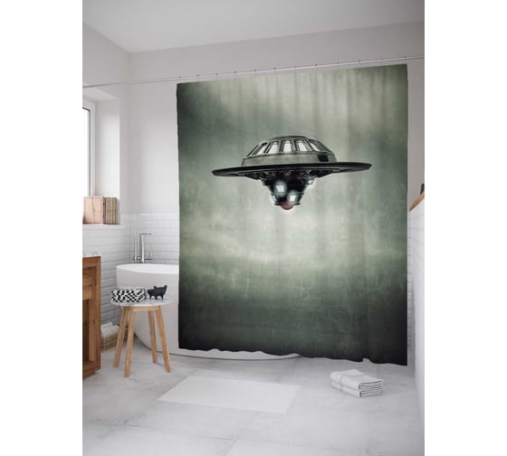 Штора (занавеска) для ванной JoyArty "Космическая тарелка" из сатена, 180х200 см с крючками, sc_19605