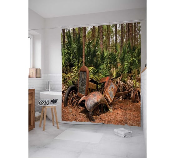 Штора (занавеска) для ванной JoyArty "Заброшенная машина" из сатена, 180х200 см с крючками, sc_19843 1