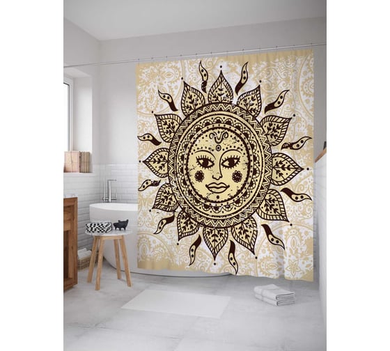 Штора (занавеска) для ванной JoyArty "Добрый солнечный узор" из сатена, 180х200 см с крючками, sc_16060