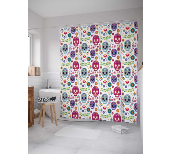 Штора (занавеска) для ванной JoyArty "Забавные черепа" из сатена, 180х200 см с крючками, sc_20600