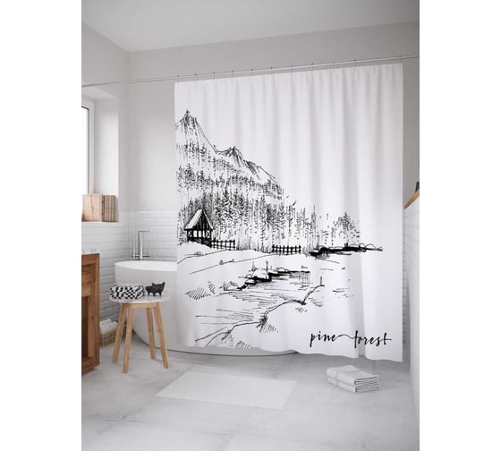Штора (занавеска) для ванной JoyArty "Сосновый лес" из сатена, 180х200 см с крючками, sc_18173 1