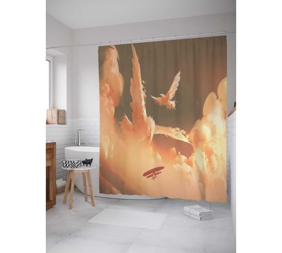 Штора (занавеска) для ванной JoyArty "Облачные орлы" из сатена, 180х200 см с крючками, sc_23061 1