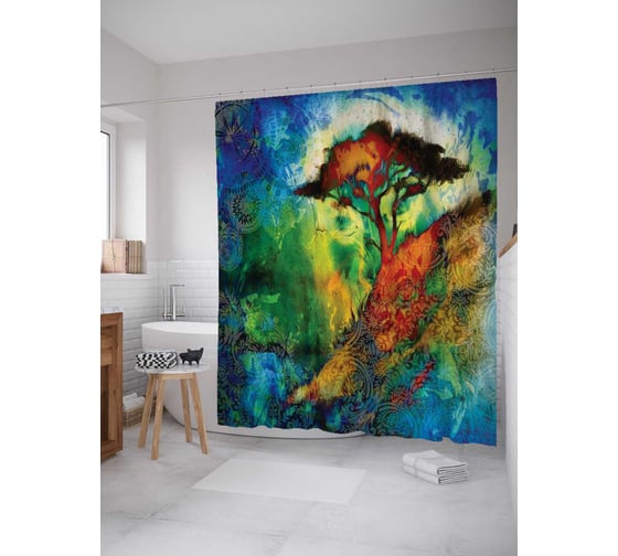 Штора (занавеска) для ванной JoyArty "Скальное дерево" из сатена, 180х200 см с крючками, sc_22437 1