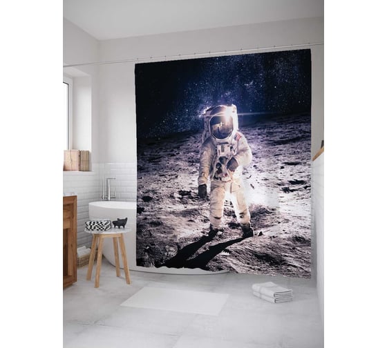 Штора (занавеска) для ванной JoyArty "Прогулка по луне" из сатена, 180х200 см с крючками, sc_19912