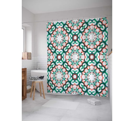 Штора (занавеска) для ванной JoyArty "Цветочная цепь" из сатена, 180х200 см с крючками, sc_28021