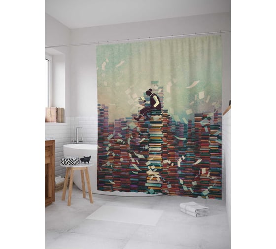 Штора (занавеска) для ванной JoyArty "В поисках знаний" из сатена, 180х200 см с крючками, sc_23088 1
