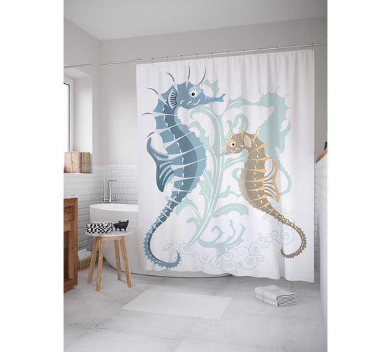 Штора (занавеска) для ванной JoyArty "Сказочные коньки" из сатена, 180х200 см с крючками, sc_20910 1