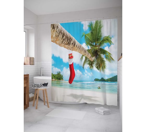 Штора (занавеска) для ванной JoyArty "Новый год на пляже" из сатена, 180х200 см с крючками, sc_20065 1