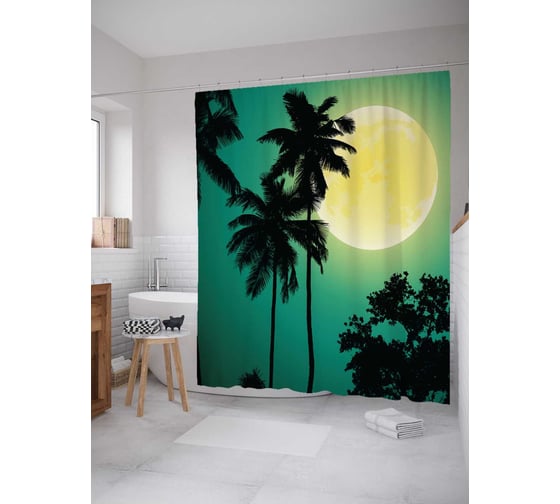 Штора (занавеска) для ванной JoyArty "Пляжные деревья" из сатена, 180х200 см с крючками, sc_21005 1