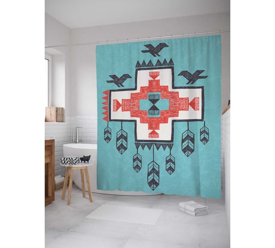 Штора (занавеска) для ванной JoyArty "Узор с птицами и перьями" из сатена, 180х200 см с крючками, sc_19712 1