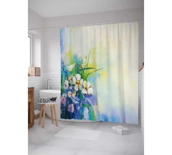 Штора (занавеска) для ванной JoyArty "Цветочная живопись" из сатена, 180х200 см с крючками, sc_21147 1