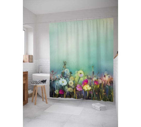 Штора (занавеска) для ванной JoyArty "Цветы в тумане" из сатена, 180х200 см с крючками, sc_21130 1
