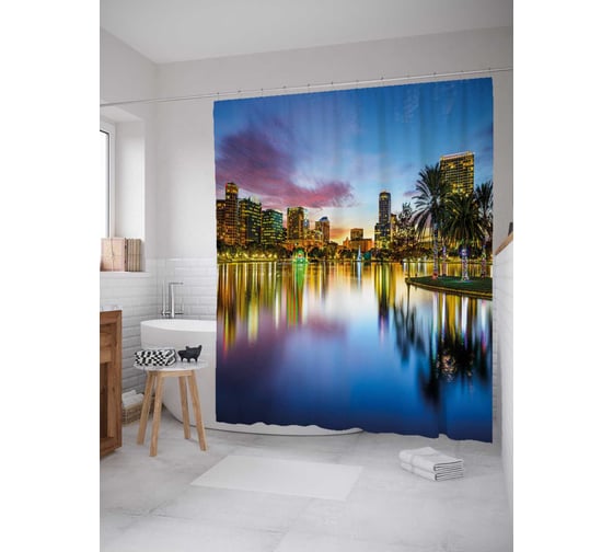 Штора (занавеска) для ванной JoyArty "Яркая ночная река" из сатена, 180х200 см с крючками, sc_21077 1