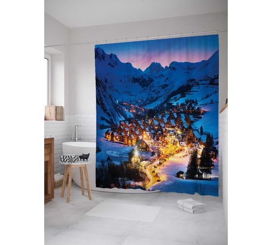 Штора (занавеска) для ванной JoyArty "Городской свет в горах" из сатена, 180х200 см с крючками, sc_20644 1