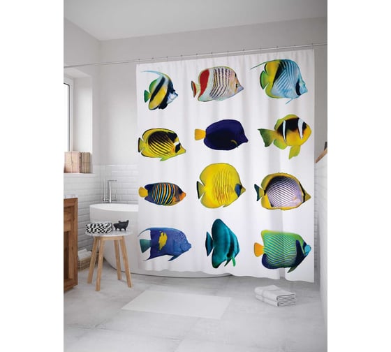 Штора (занавеска) для ванной JoyArty "Рыбы в красках" из сатена, 180х200 см с крючками, sc_20569 1