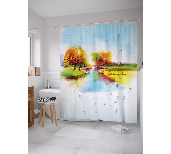 Штора (занавеска) для ванной JoyArty "Воздух после дождя" из сатена, 180х200 см с крючками, sc_20519 1