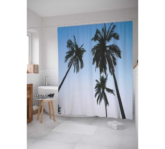 Штора (занавеска) для ванной JoyArty "Темные пальмы" из сатена, 180х200 см с крючками, sc_21015