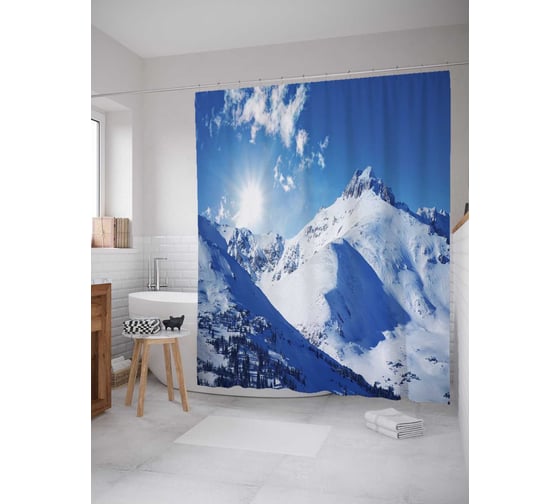 Штора (занавеска) для ванной JoyArty "Горное утро" из сатена, 180х200 см с крючками, sc_20092