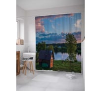 Штора (занавеска) для ванной JoyArty "Река и дом" из сатена, 180х200 см с крючками, sc_20205