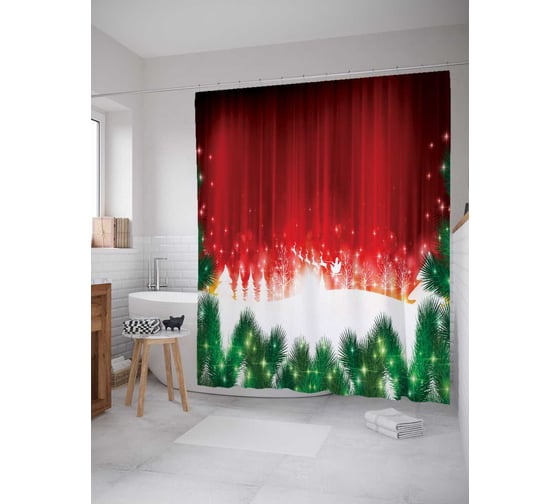 Штора (занавеска) для ванной JoyArty "Новогодние елки" из сатена, 180х200 см с крючками, sc_20305 1