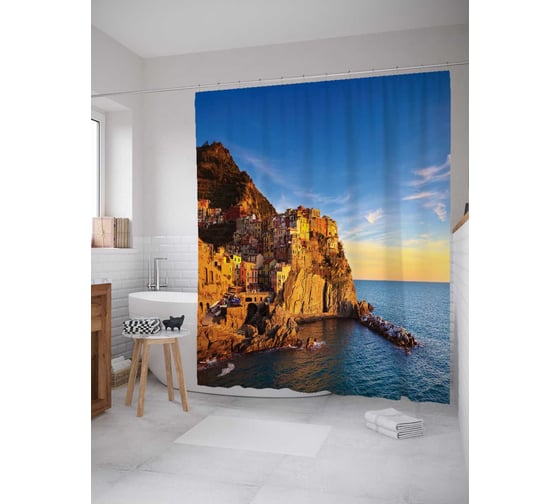 Штора (занавеска) для ванной JoyArty "Город над морем" из сатена, 180х200 см с крючками, sc_19846 1