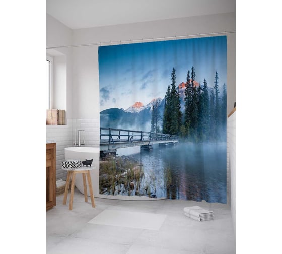 Штора (занавеска) для ванной JoyArty "К лесному острову" из сатена, 180х200 см с крючками, sc_20185