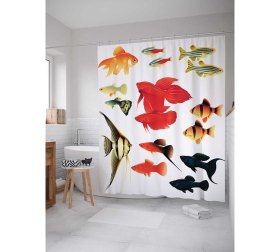 Штора (занавеска) для ванной JoyArty "Дивный морской мир" из сатена, 180х200 см с крючками, sc_20562 1