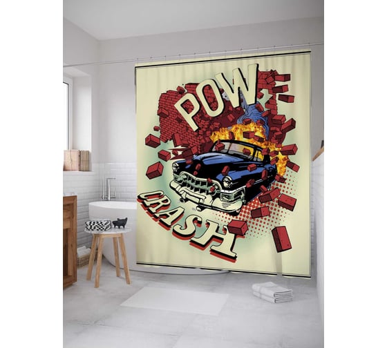 Штора (занавеска) для ванной JoyArty "Машина в погоне" из сатена, 180х200 см с крючками, sc_17776 1