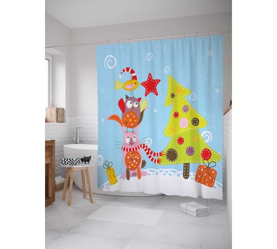 Штора (занавеска) для ванной JoyArty "Совы наряжают елку" из сатена, 180х200 см с крючками, sc_20276 1