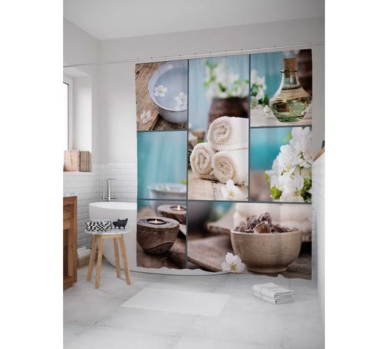 Штора (занавеска) для ванной JoyArty "Банные процедуры" из сатена, 180х200 см с крючками, sc_21866 1