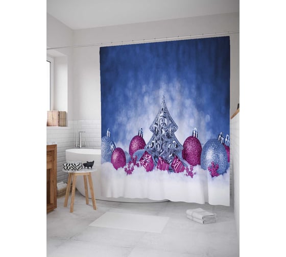 Штора (занавеска) для ванной JoyArty "Игрушечная елка" из сатена, 180х200 см с крючками, sc_21466 1
