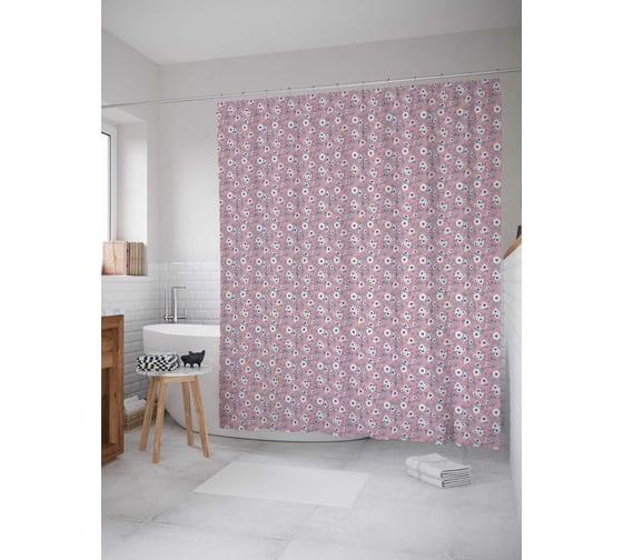 Штора (занавеска) для ванной JoyArty "Белые цветы" из сатена, 180х200 см с крючками, sc_258471 1