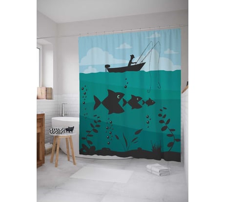 Штора (занавеска) для ванной JoyArty "Волшебная рыбалка" из сатена, 180х200 см с крючками, sc_21302