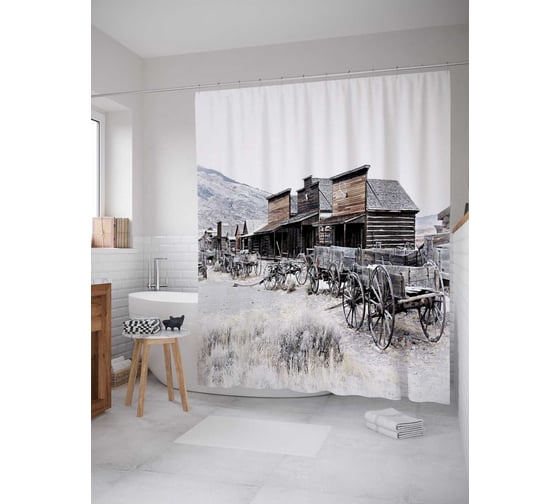 Штора (занавеска) для ванной JoyArty "Стоянка на диком западе" из сатена, 180х200 см с крючками, sc_23102