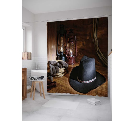 Штора (занавеска) для ванной JoyArty "Ковбойский ночлег" из сатена, 180х200 см с крючками, sc_23107 1