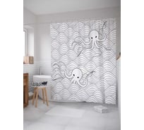 Штора (занавеска) для ванной JoyArty "Водные осьминоги" из сатена, 180х200 см с крючками, sc_22278
