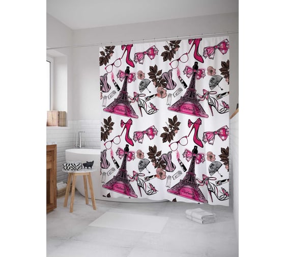 Штора (занавеска) для ванной JoyArty "Парижские аксессуары" из сатена, 180х200 см с крючками, sc_21059 1