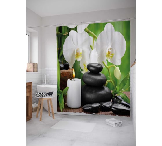 Штора (занавеска) для ванной JoyArty "Камни для массажа" из сатена, 180х200 см с крючками, sc_21857 1