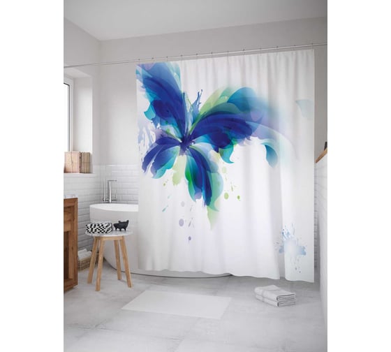 Штора (занавеска) для ванной JoyArty "Голубая бабочка" из сатена, 180х200 см с крючками, sc_22201 1