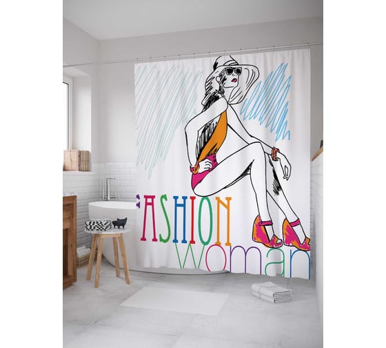 Штора (занавеска) для ванной JoyArty "Модная женщина" из сатена, 180х200 см с крючками, sc_21025 1