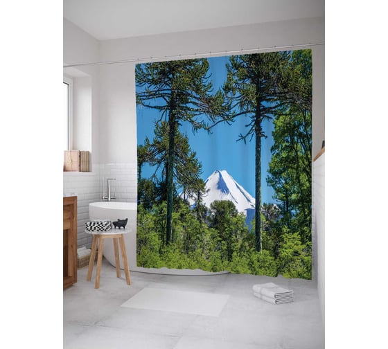 Штора (занавеска) для ванной JoyArty "Виднеется горная вершина" из сатена, 180х200 см с крючками, sc_22012
