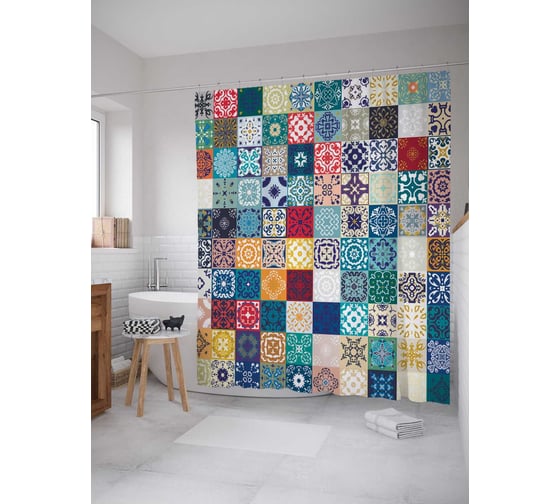 Штора (занавеска) для ванной JoyArty "Плитка с цветочными узорами" из сатена, 180х200 см с крючками, sc_17019 1