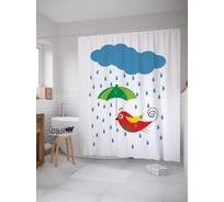 Штора (занавеска) для ванной JoyArty "Птичка с зонтиком" из сатена, 180х200 см с крючками, sc_21357