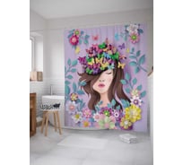 Штора (занавеска) для ванной JoyArty "Девушка в бабочках и цветах" из сатена, 180х200 см с крючками, sc_204231
