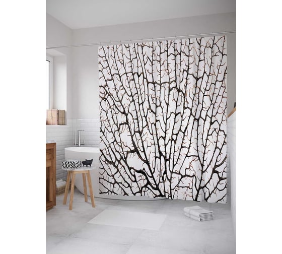 Штора (занавеска) для ванной JoyArty "Лесная паутина" из сатена, 180х200 см с крючками, sc_19684
