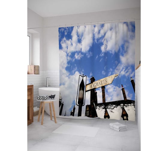 Штора (занавеска) для ванной JoyArty "Направление к Хогвартсу" из сатена, 180х200 см с крючками, sc_23720 1